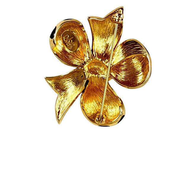 Joan Rivers Gold Black Enamel Striped Bow Flower Brooch Pin 2” Vintage Gif - Picture 5 of 7